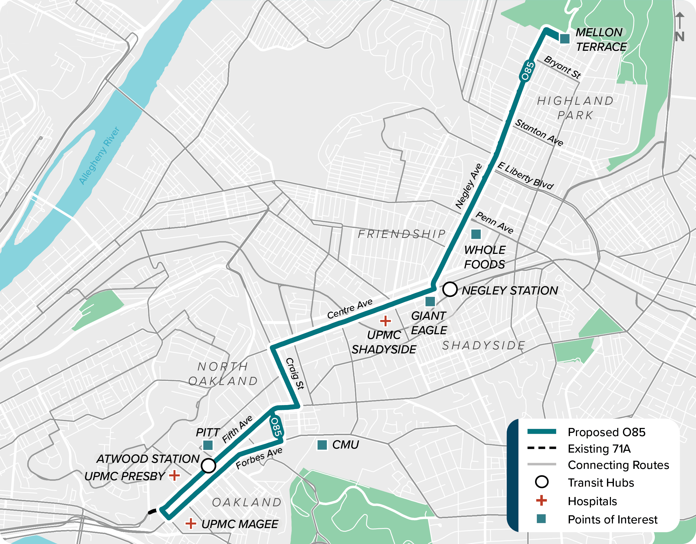 Proposed (O85): Map of proposed modified O85 route