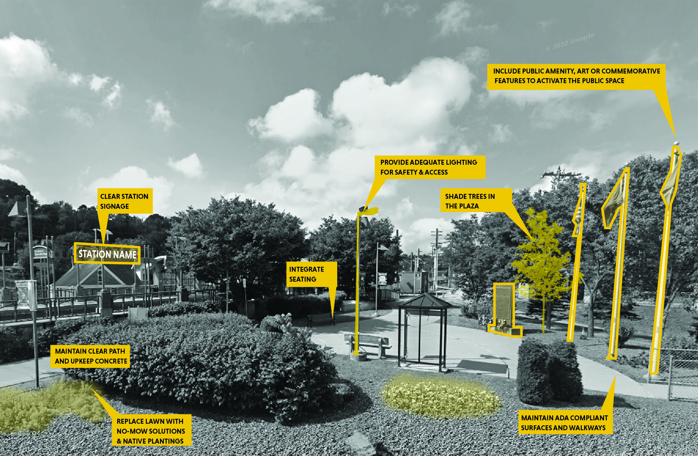 A black and white image of a public plaza with yellow highlights and annotations