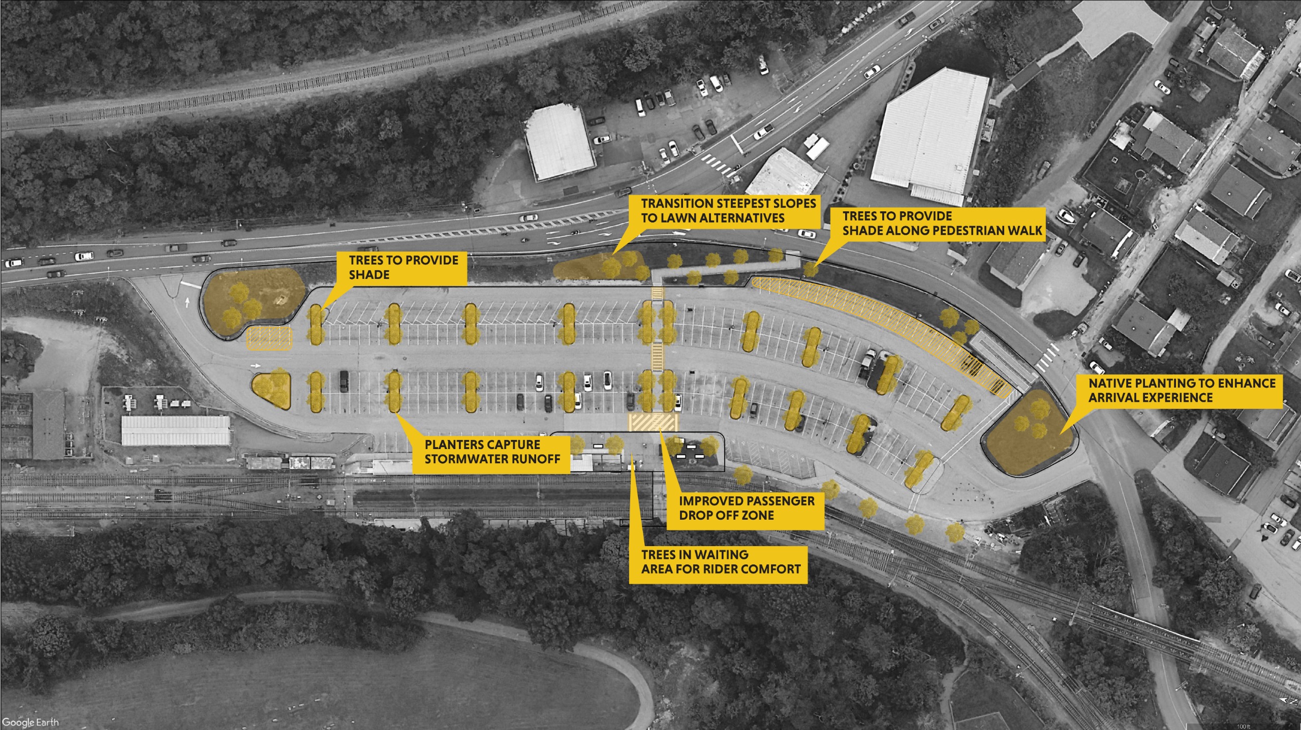 A black and white image of a parking lot with yellow highlights and annotations