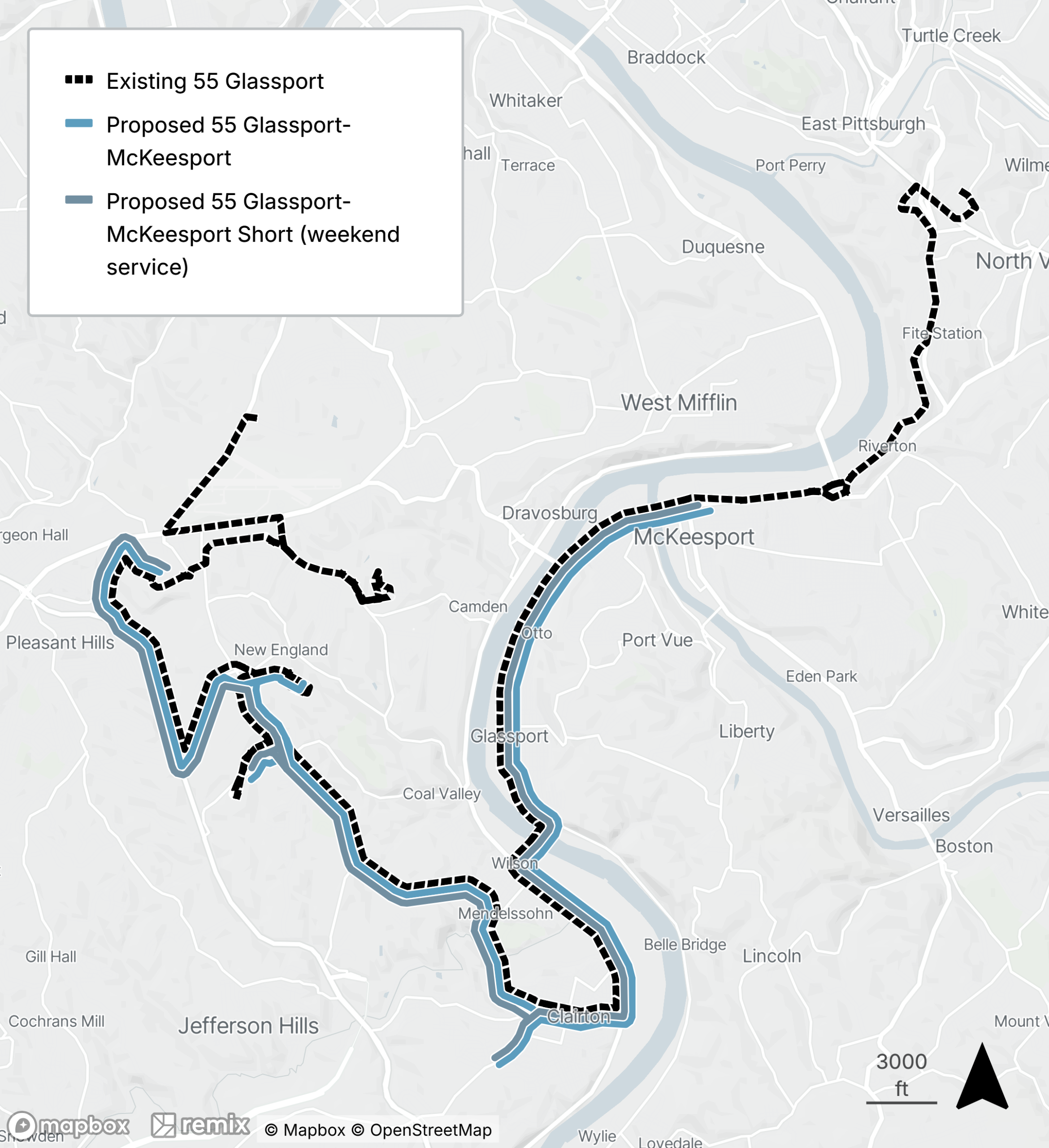 Map of the proposed bus line refresh route 55/S