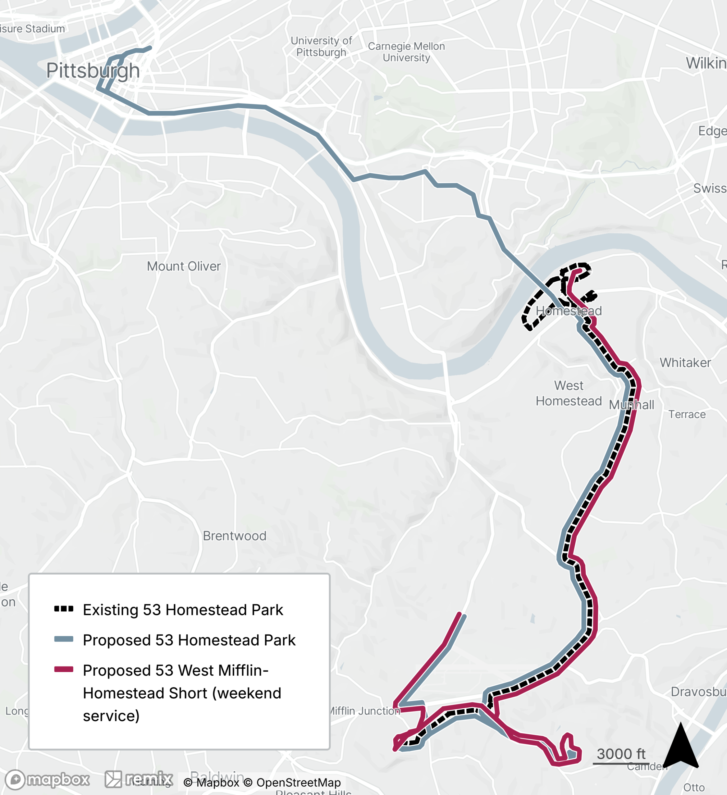 Map of the proposed bus line refresh route 53/S