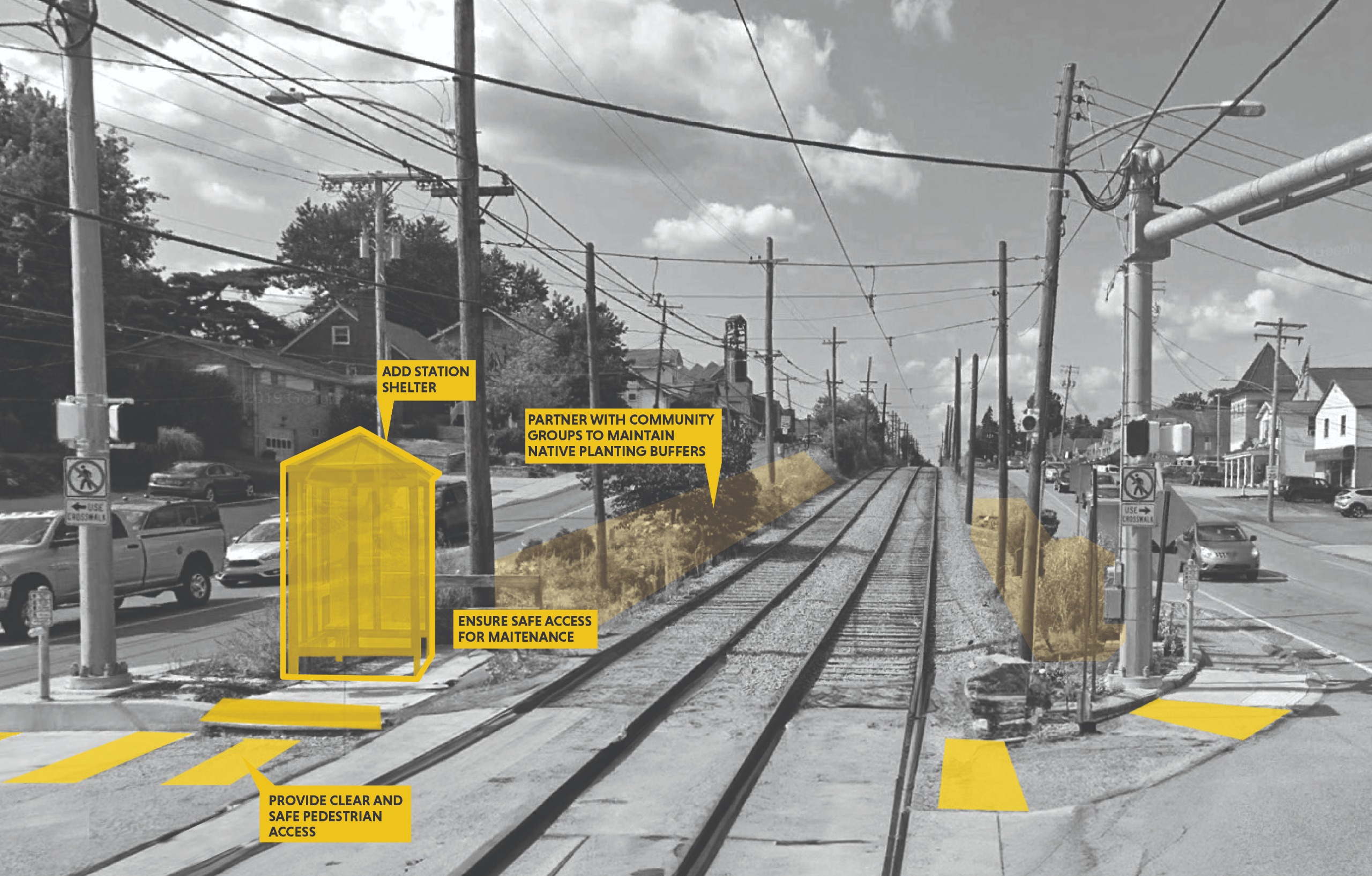 A black and white image of a small rail stop with yellow highlights and annotations