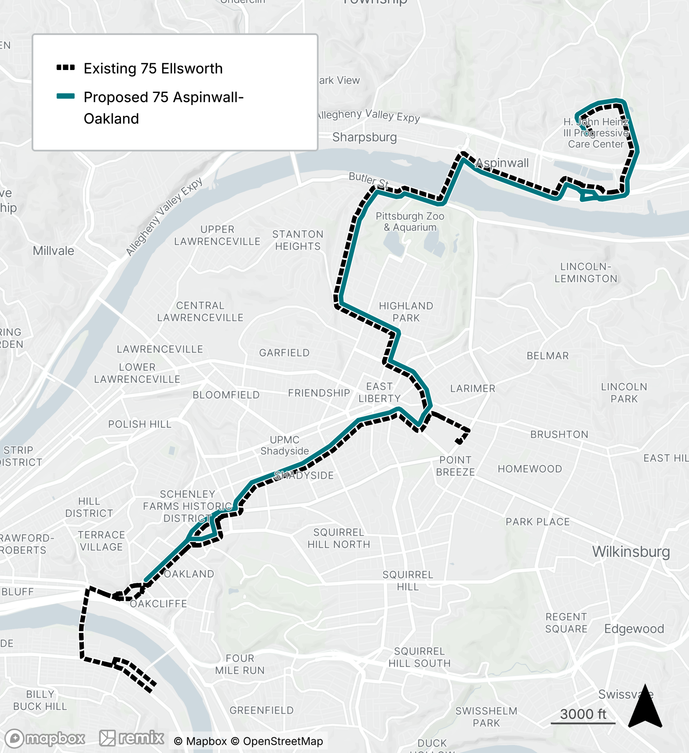 Map of the proposed bus line refresh route 75
