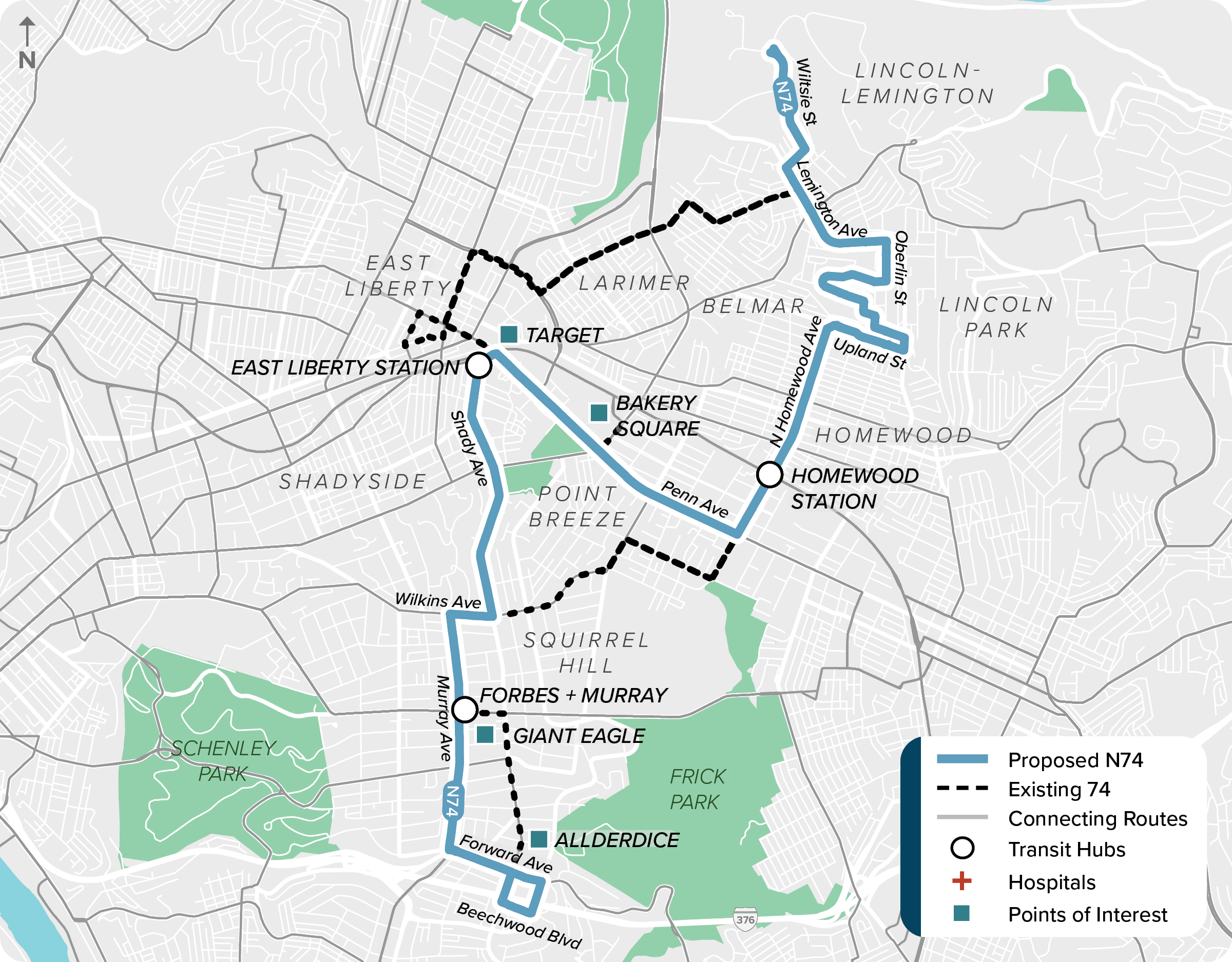 Proposed (N74): Map of proposed modified N74 route