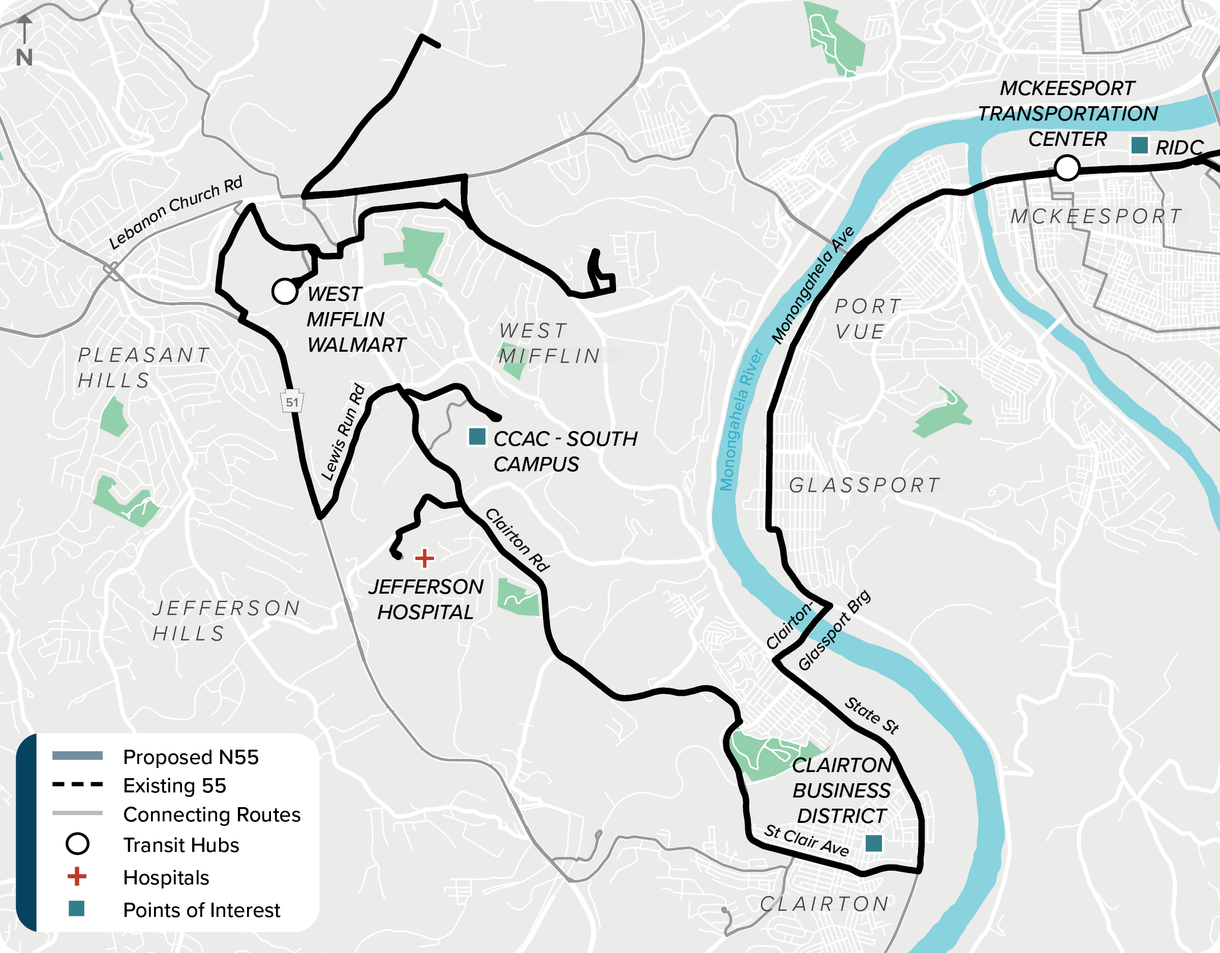 Existing (55): Map of current route 55