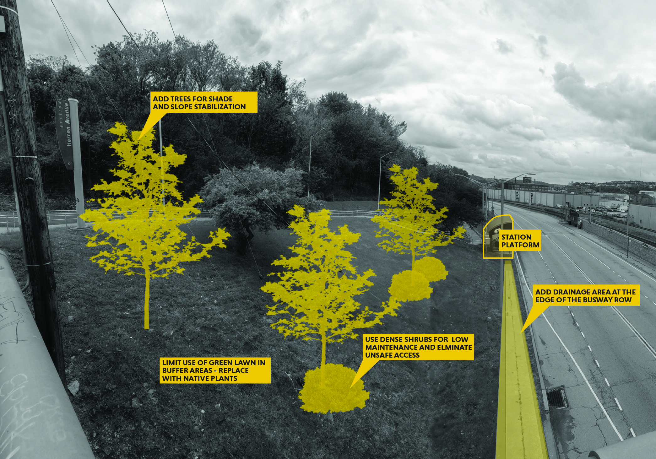 A black and white image of a steep slope with yellow highlights and annotations