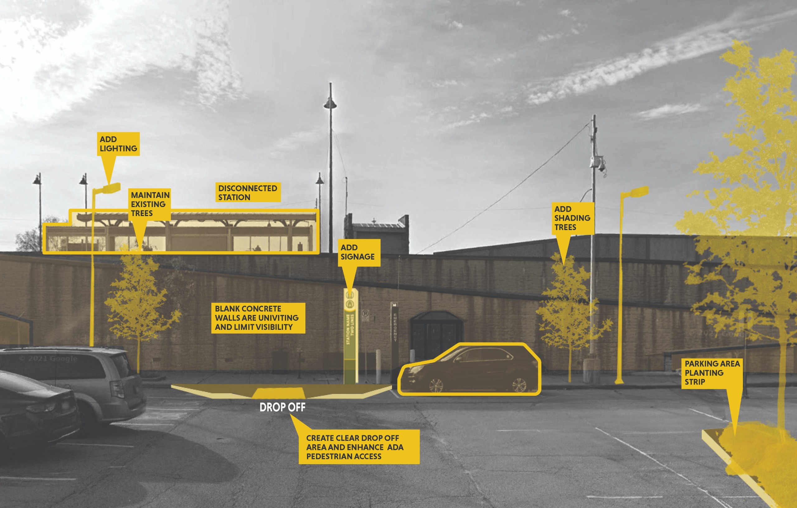 A black and white image of a large wall with yellow highlights and annotations