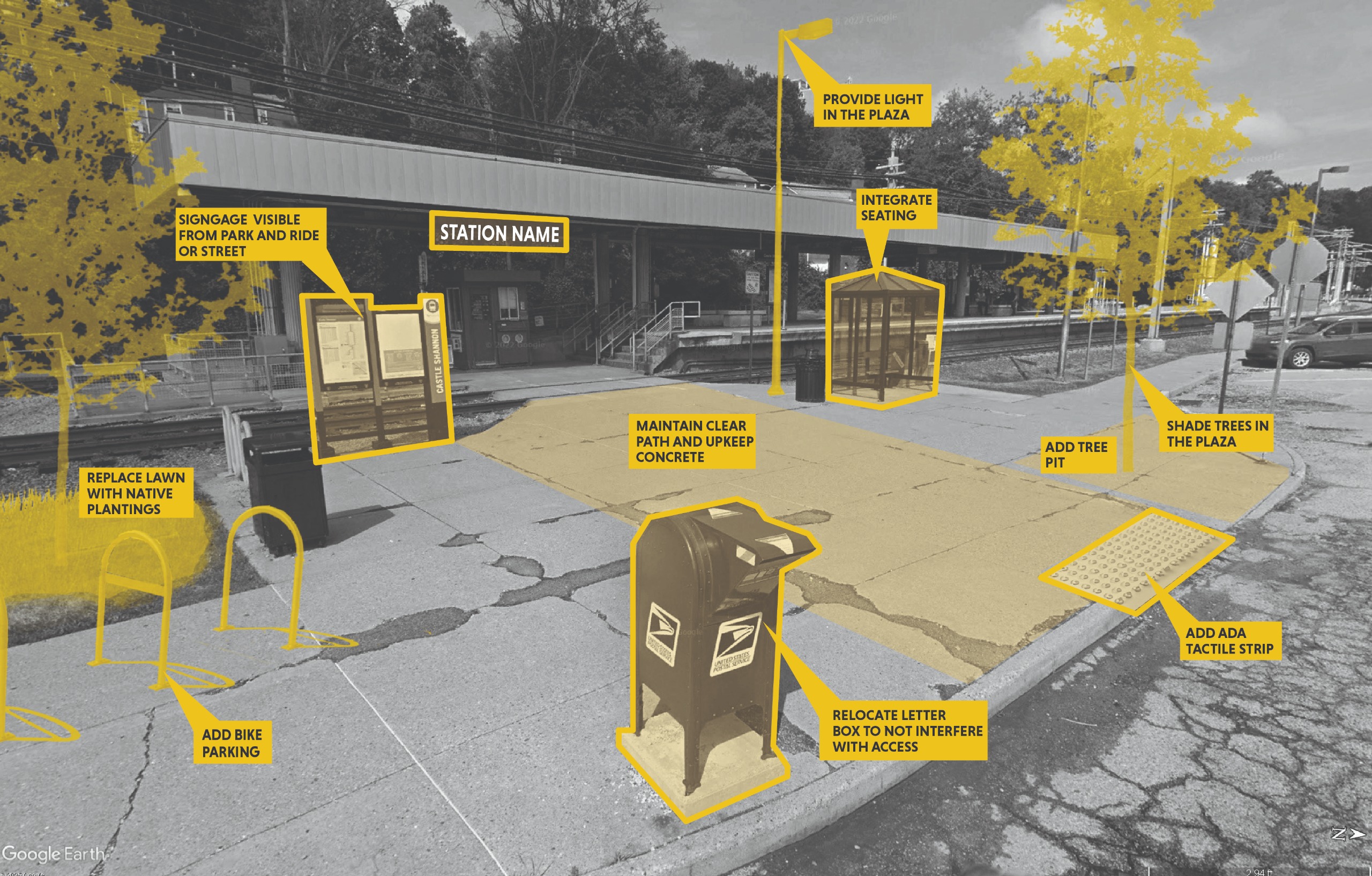 A black and white image of a public entry plaza with yellow highlights and annotations