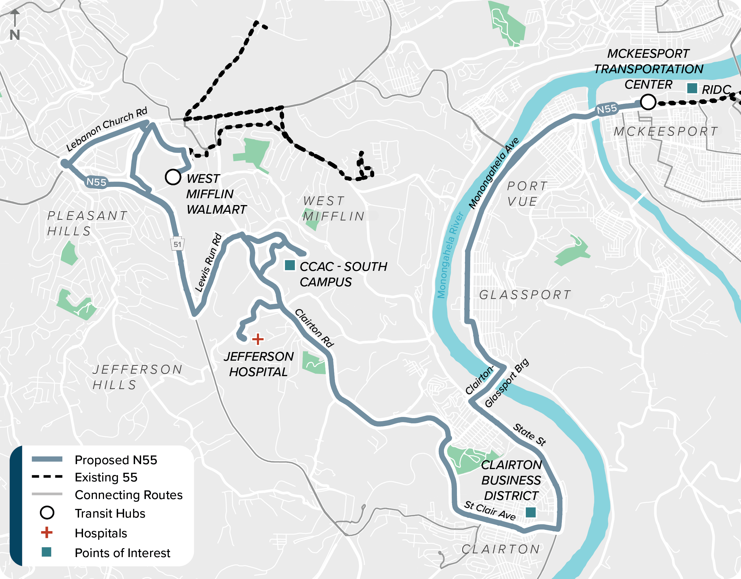 Proposed (N55): Map of proposed modified N55 route