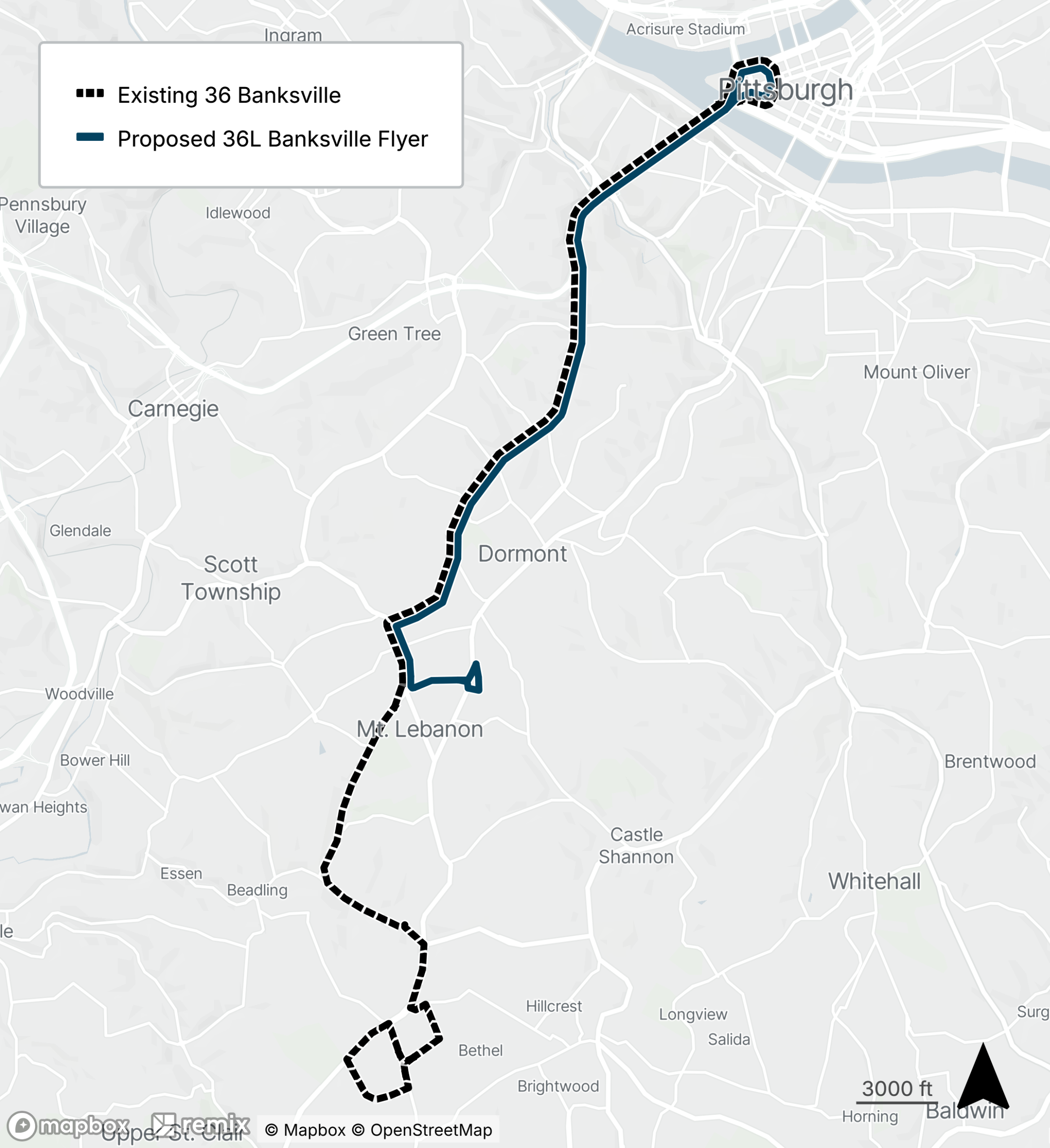 Map of the proposed bus line refresh route 36L