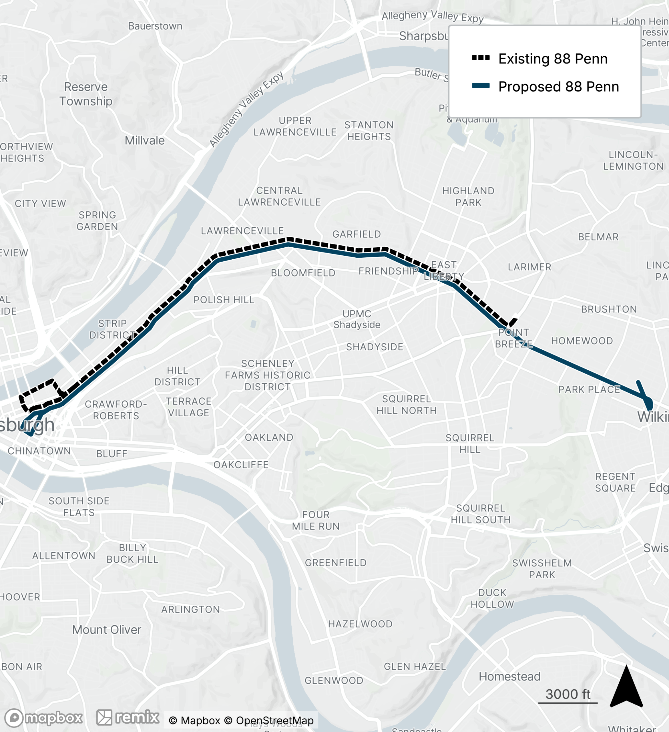 Map of the proposed bus line refresh route 88
