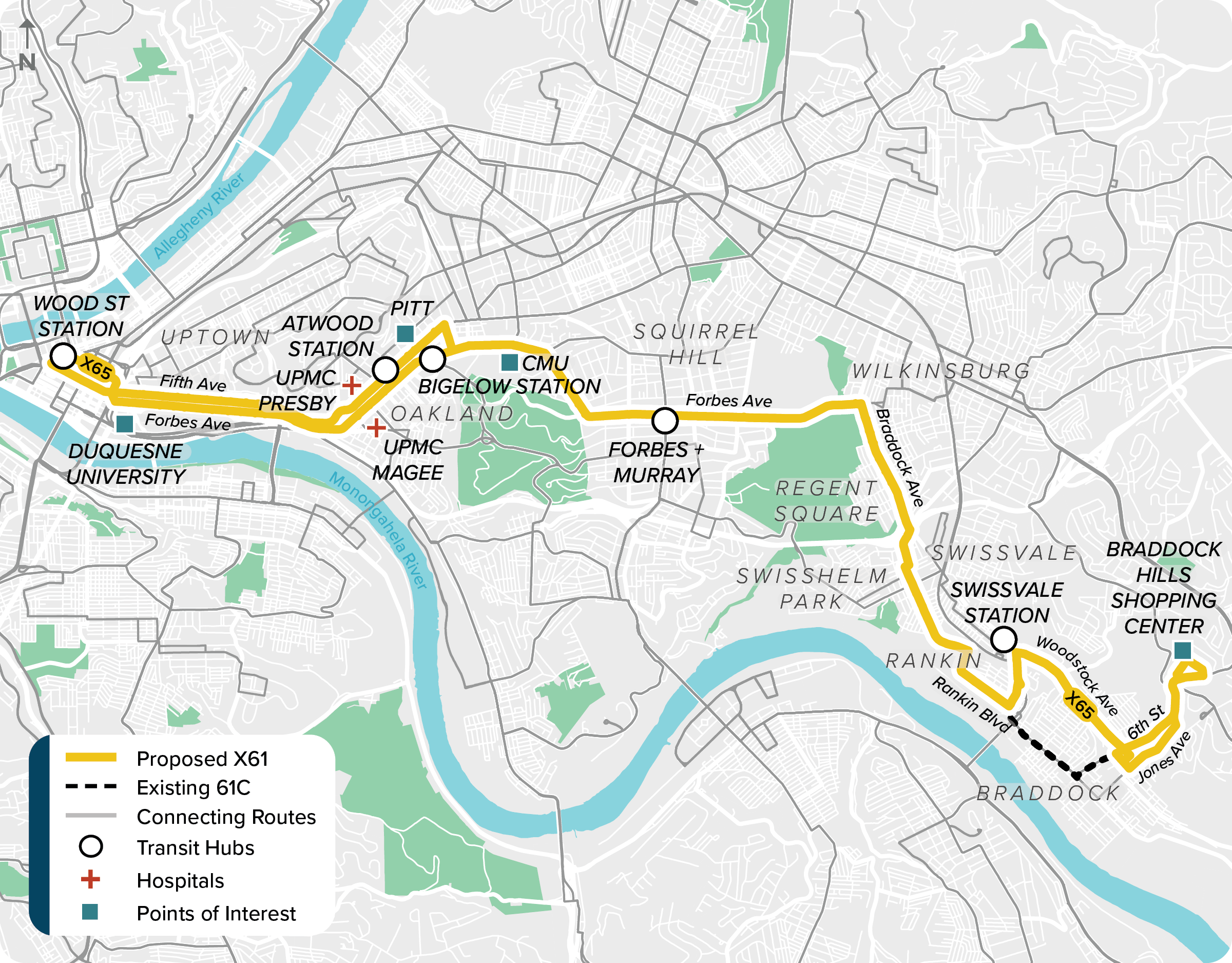 Proposed (X65): Map of proposed modified X65 route