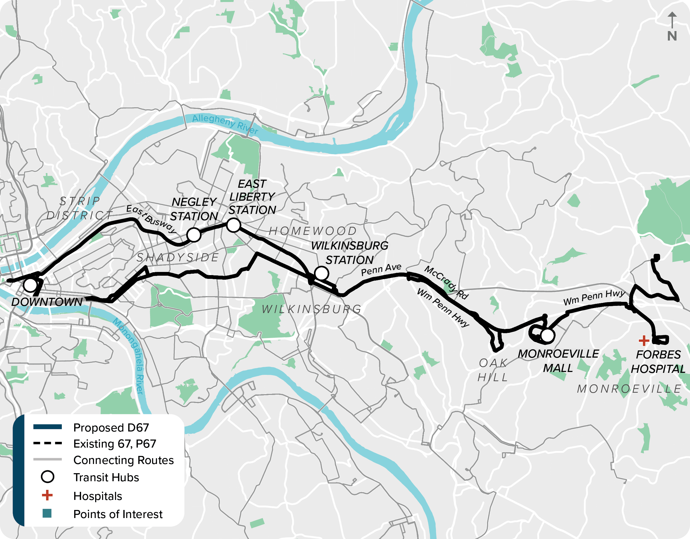 Existing (67 & P67): Map of current route 67 & P67