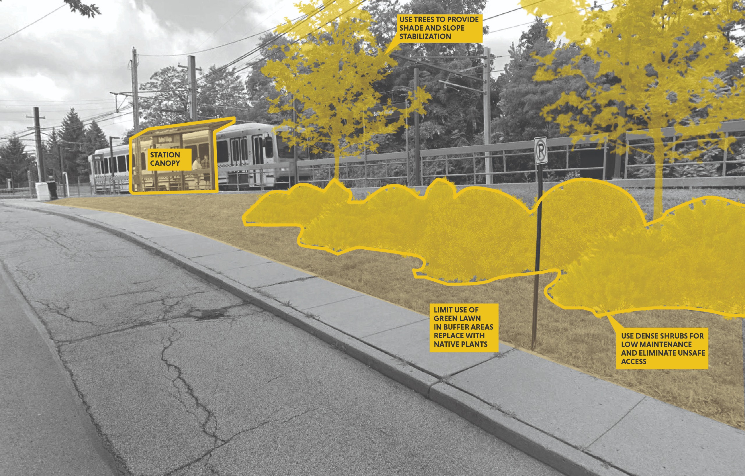 A black and white image of a mown lawn at a station with yellow highlights and annotations