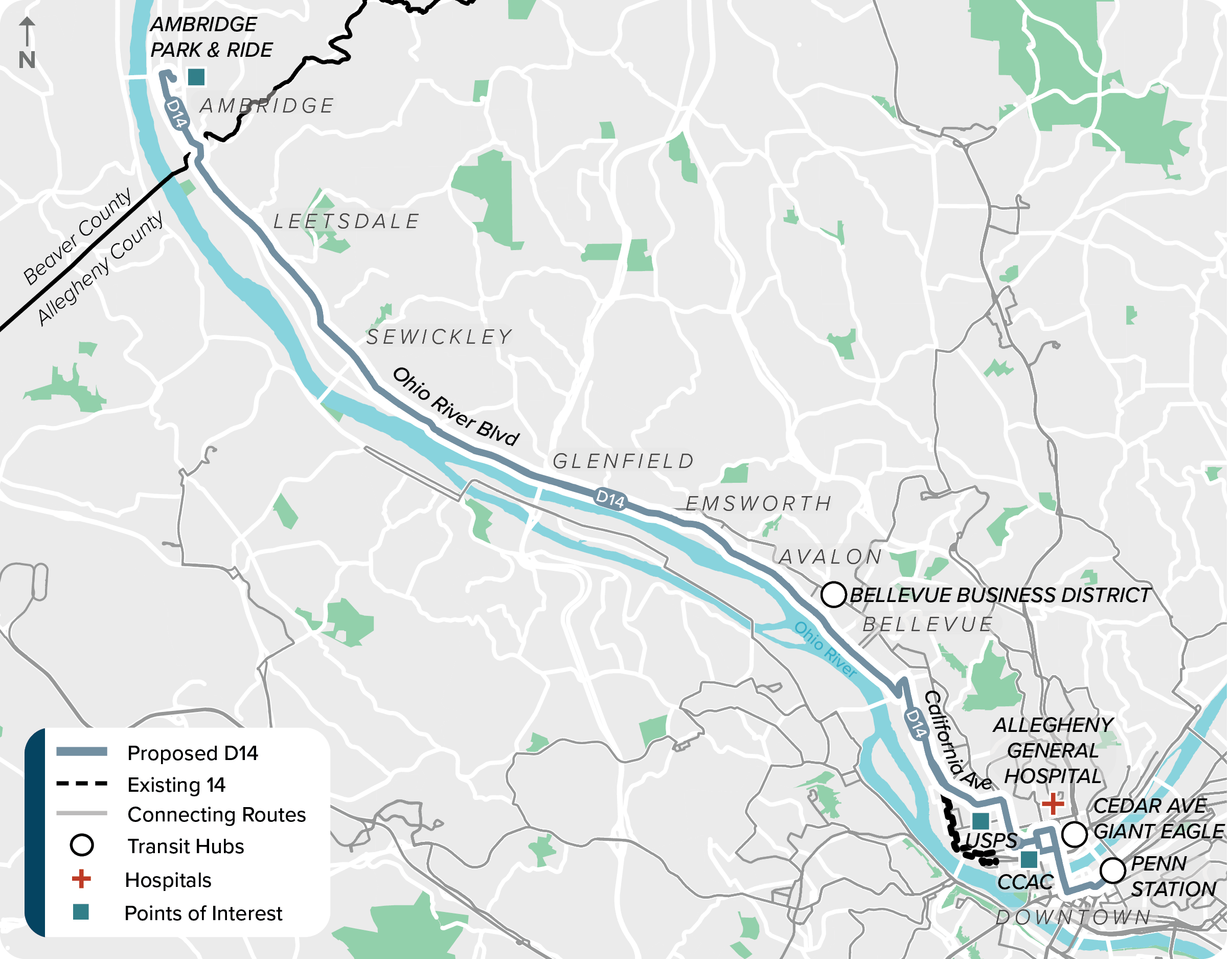 Proposed (D14): Map of proposed modified D14 route