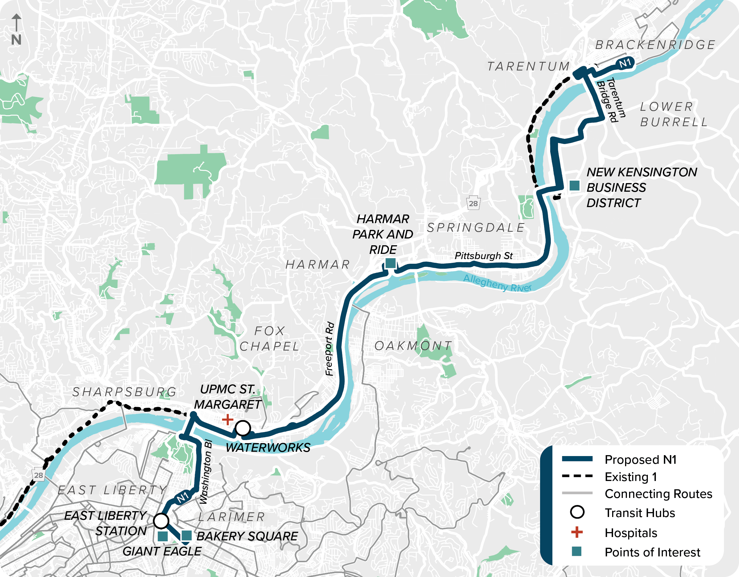 Proposed (N1): Map of proposed modified N1 route