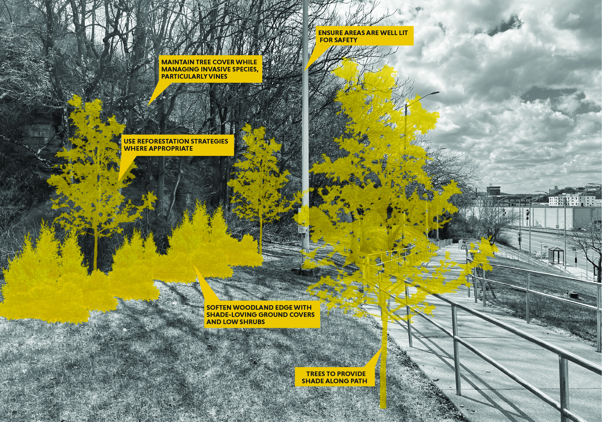 A black and white image of a steep slope with yellow highlights and annotations