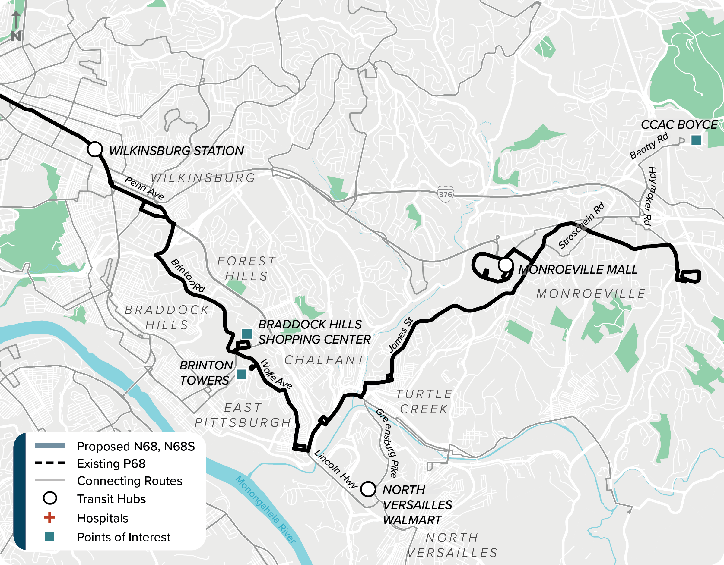 Existing (D68): Map of current route D68