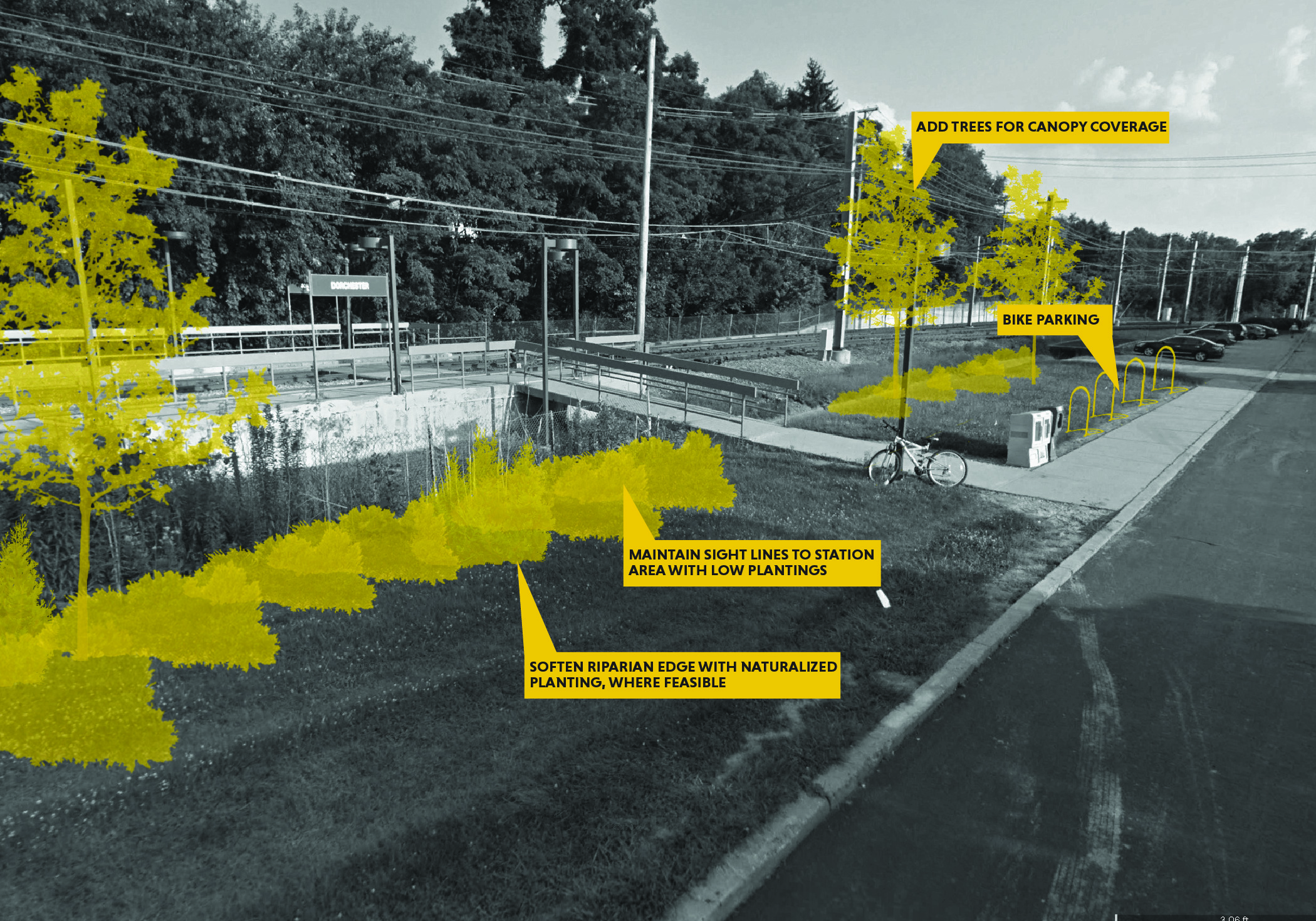 A black and white image of a station by a creek with yellow highlights and annotations