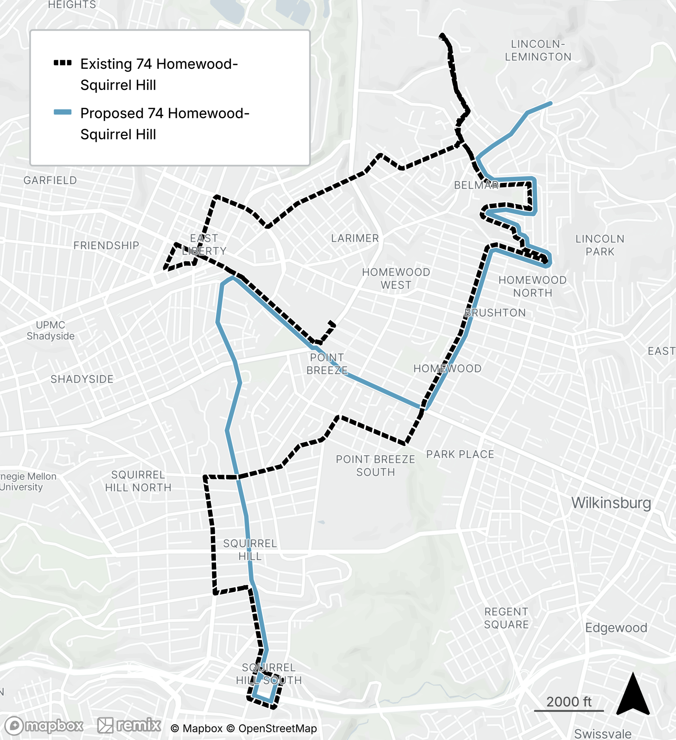 Map of the proposed bus line refresh route 74