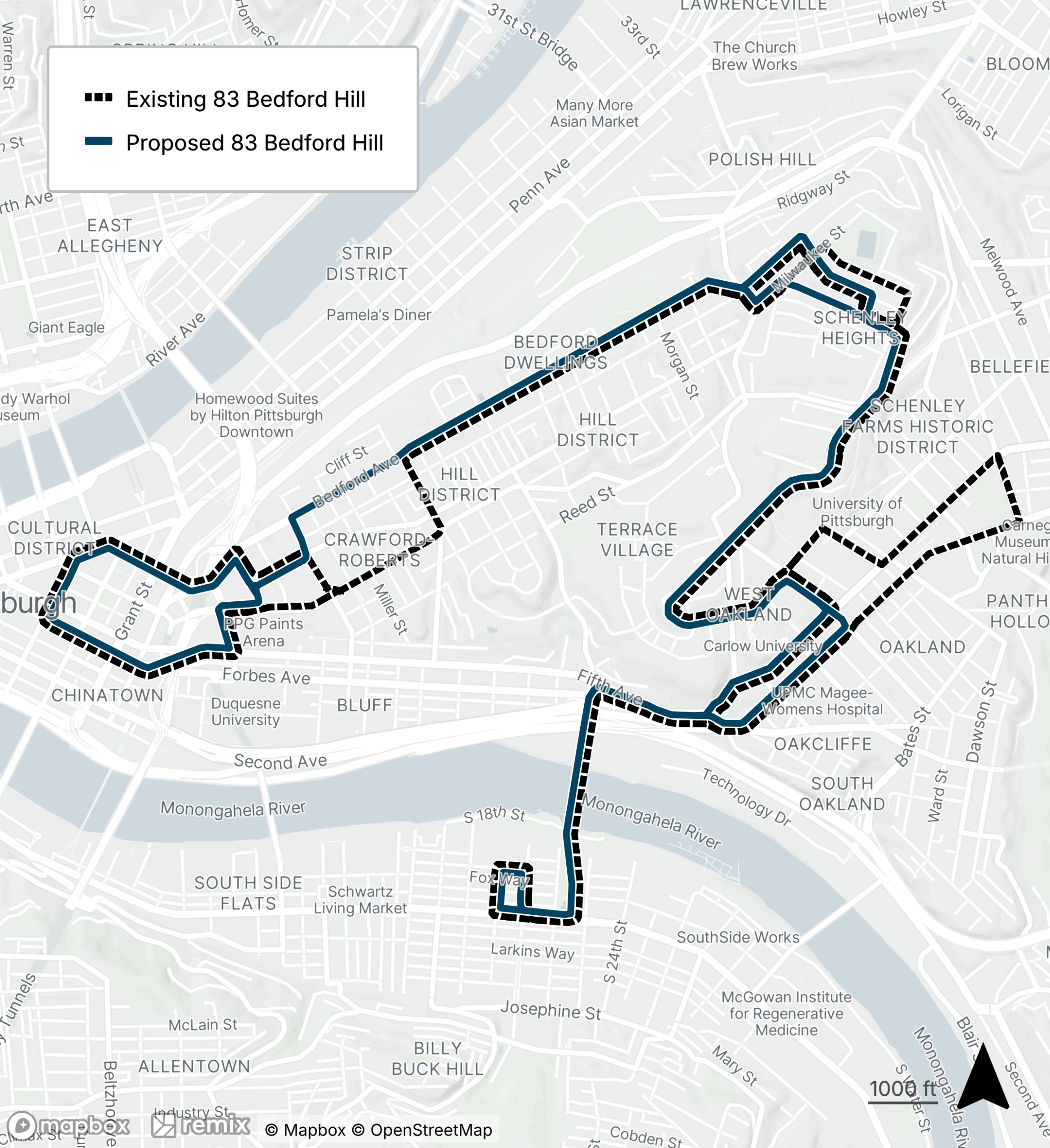 Map of the proposed bus line refresh route 83