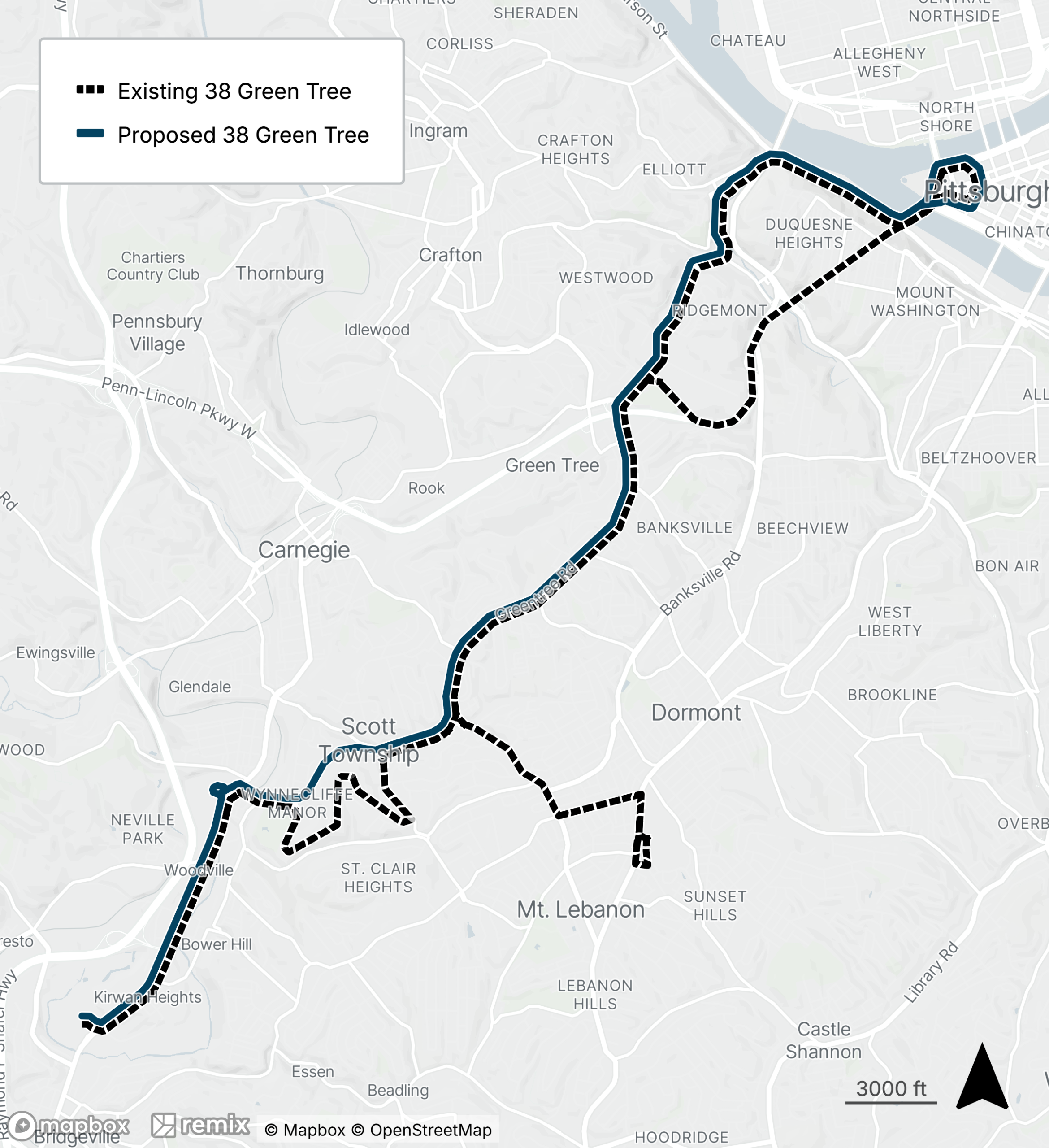 Map of the proposed bus line refresh route 38