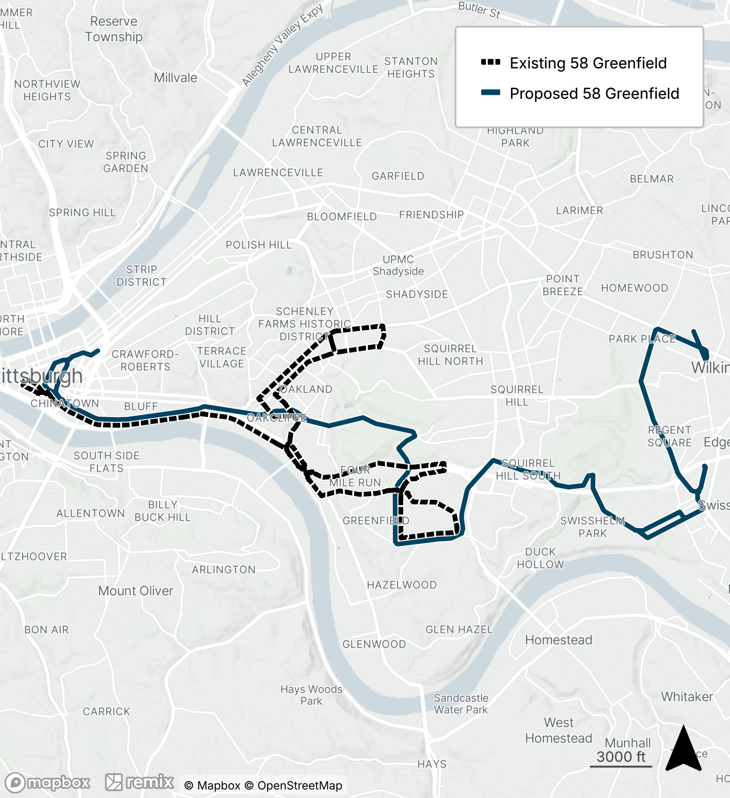 Map of the proposed bus line refresh route 58