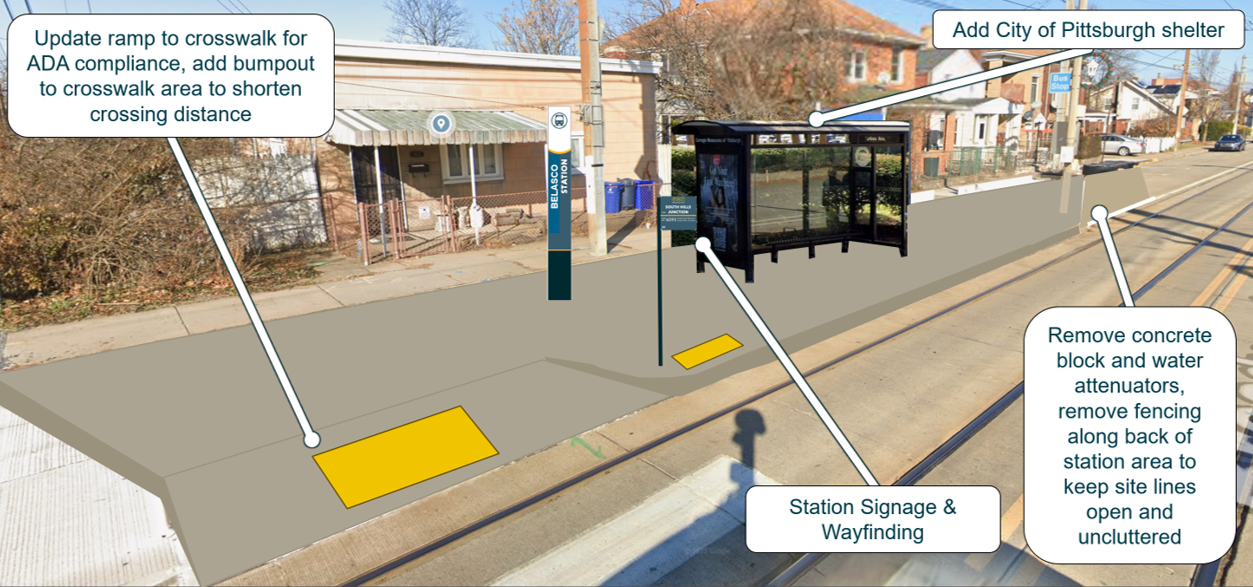 Image of conceptual work to be done at Belasco outbound station in 2027 in partnership with the City of Pittsburgh.