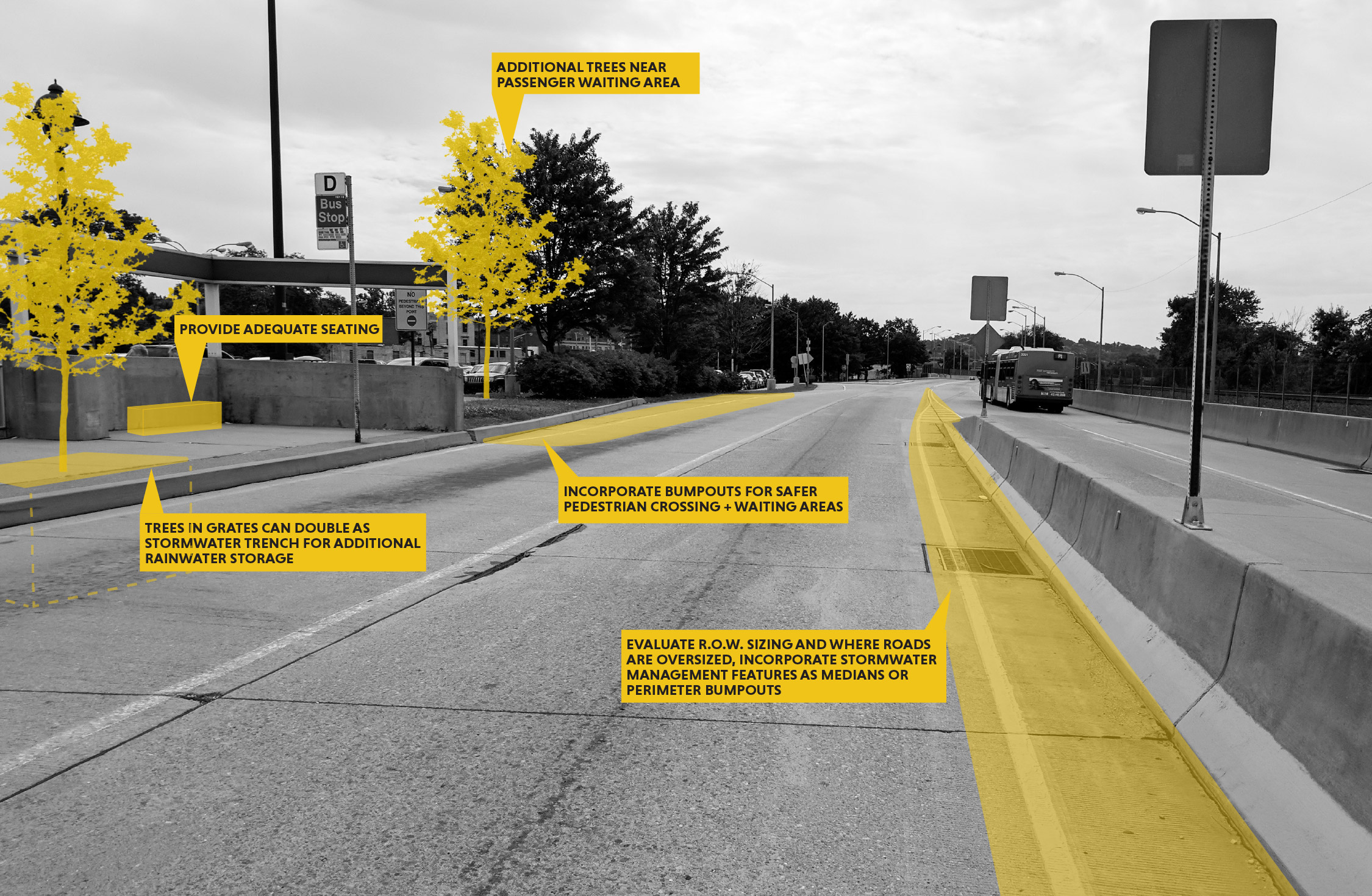 A black and white image of a roadway with yellow highlights and annotations