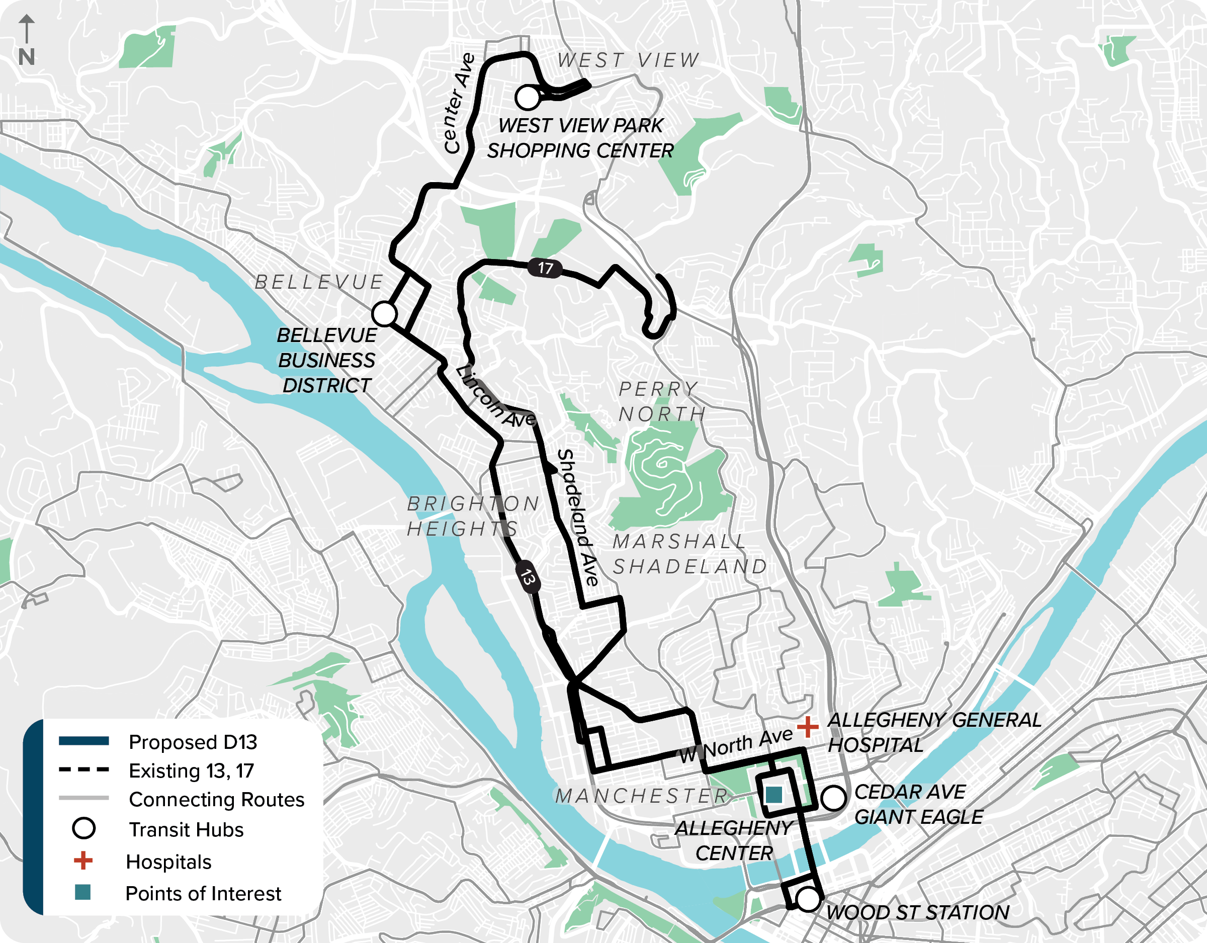 Existing (13 & 17): Map of current route 13 and 17