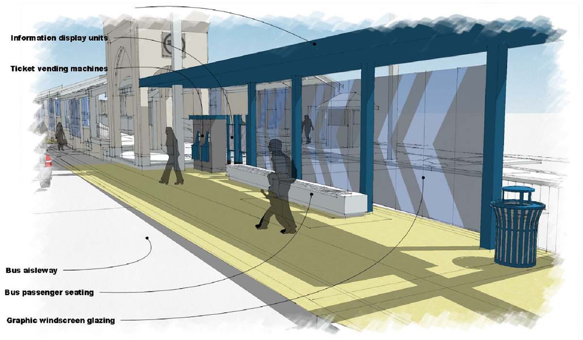 Design schematic showing the bus canopy on Carson Street.