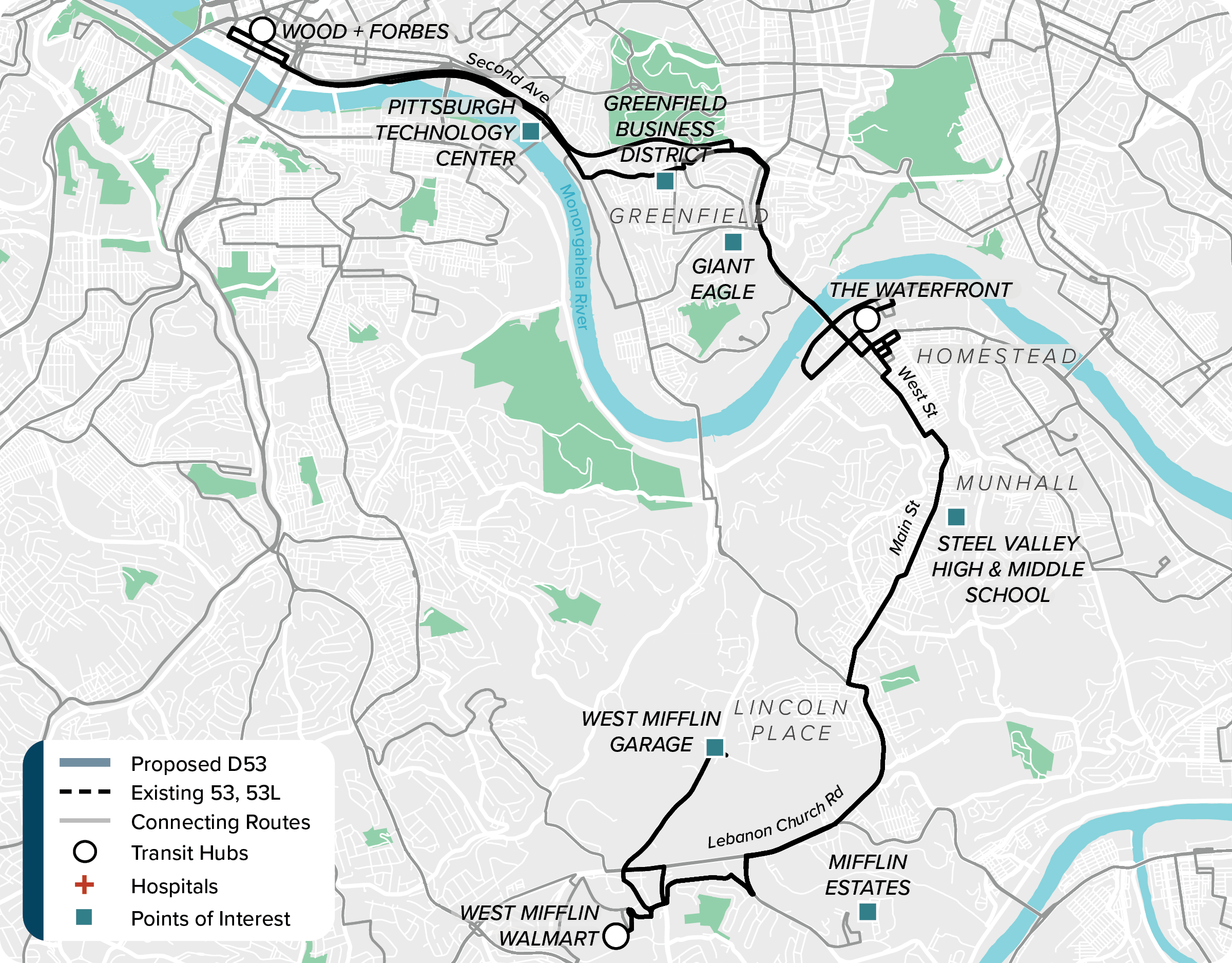 Existing (53, 53L): Map of current route 53, 53L
