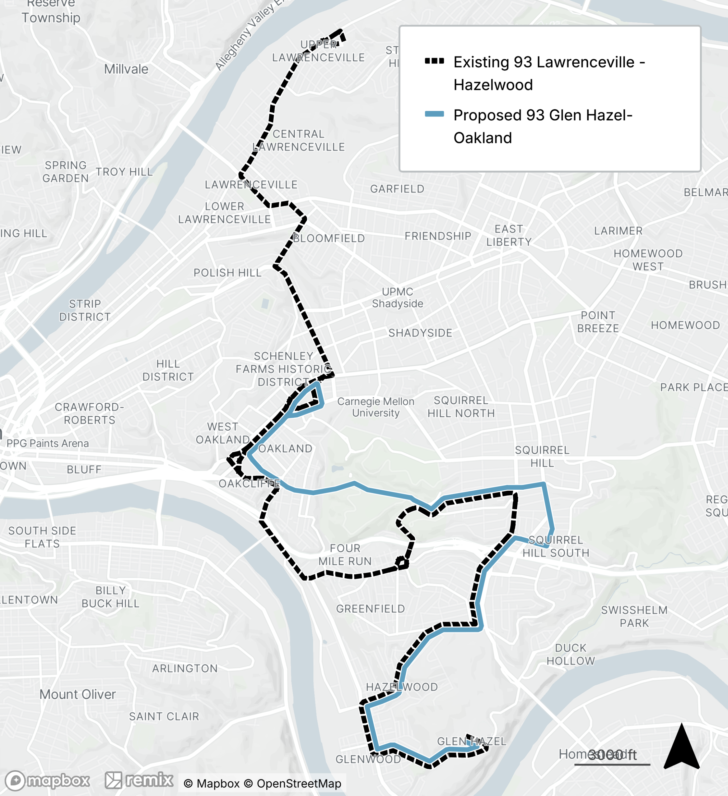 Map of the proposed bus line refresh route 93