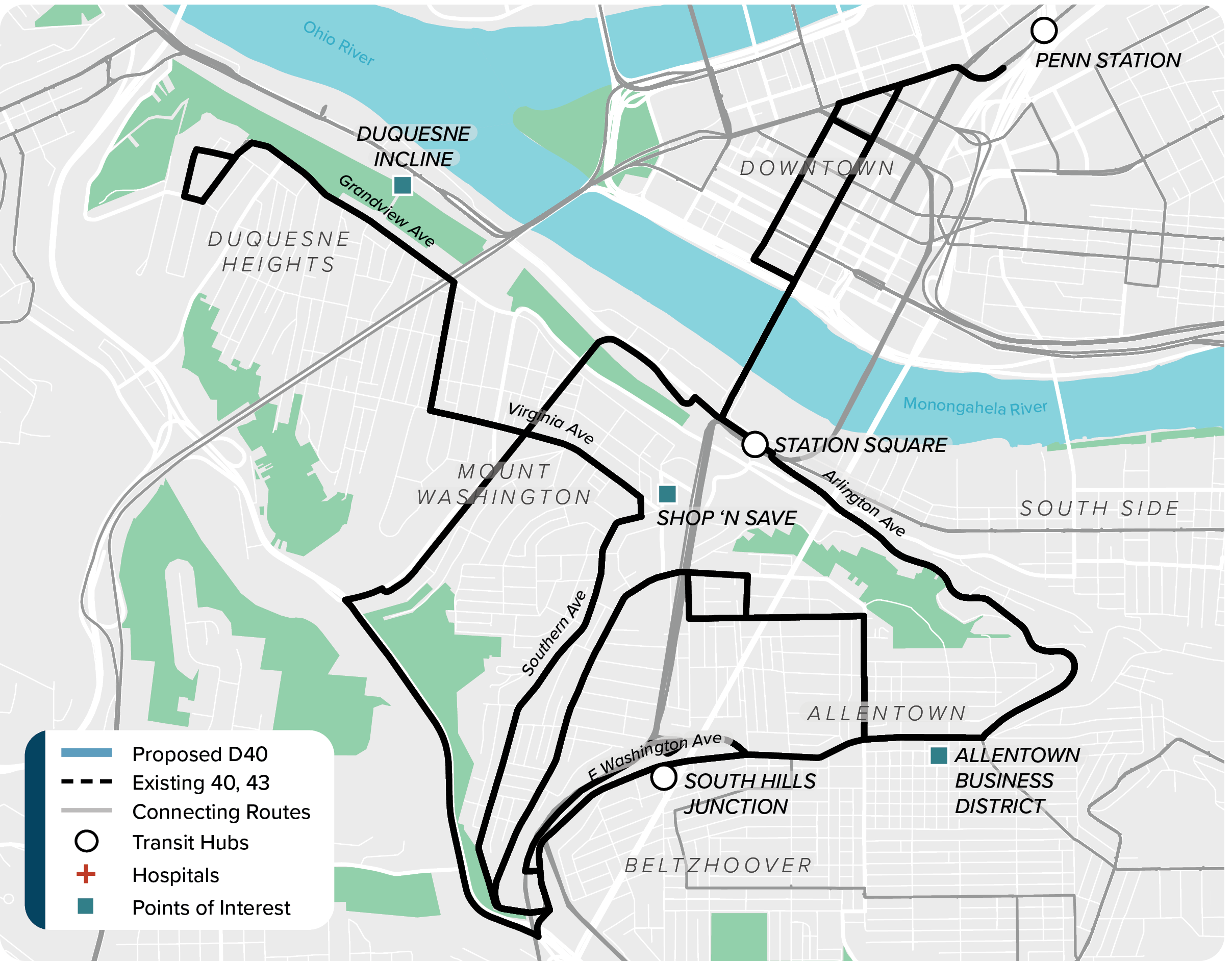 Existing (40 & 43): Map of current route 40 & 43